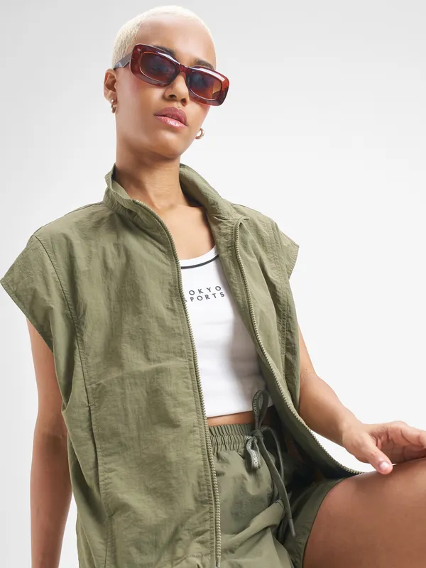 Street By Tokyo Talkies Women Green Open Front Jacket