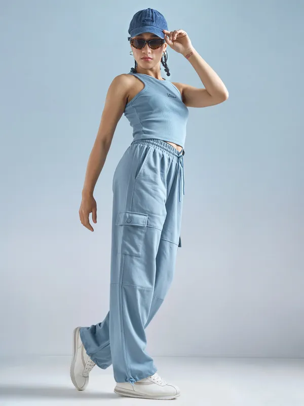 Street By Tokyo Talkies Women Blue Solid Relaxed Fit Cargos