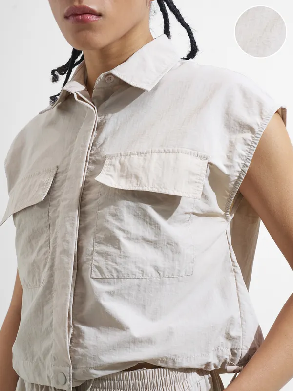 Street By Tokyo Talkies Women Beige Solid Shirt Style Top