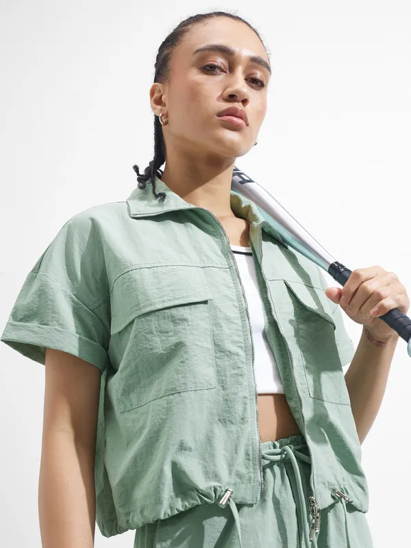 Street By Tokyo Talkies Women Green Solid Shirt Style Top