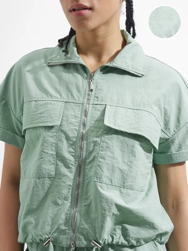 Street By Tokyo Talkies Women Green Solid Shirt Style Top