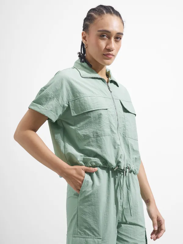 Street By Tokyo Talkies Women Green Solid Shirt Style Top