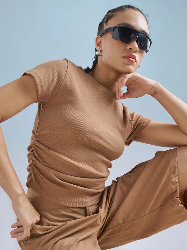 Street By Tokyo Talkies Women Brown Solid Regular Top