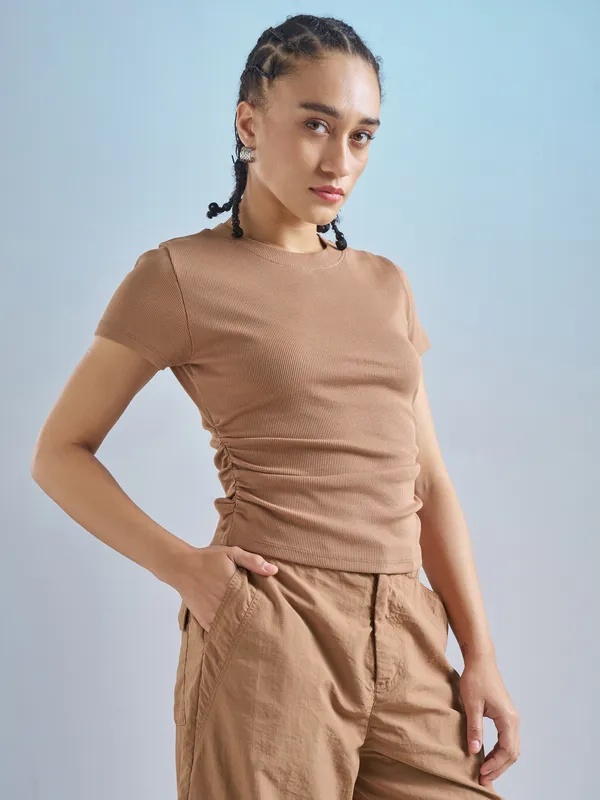 Street By Tokyo Talkies Women Brown Solid Regular Top