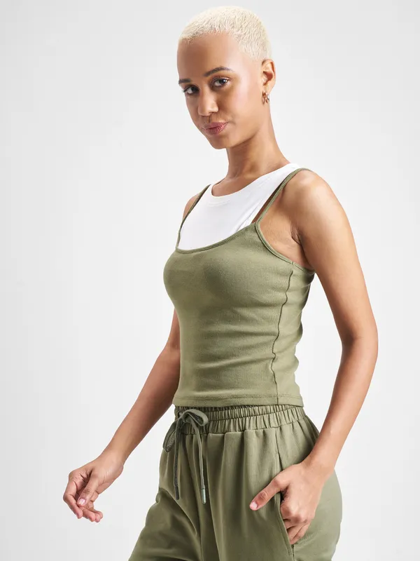 Street By Tokyo Talkies Women Olive Solid Tank Top