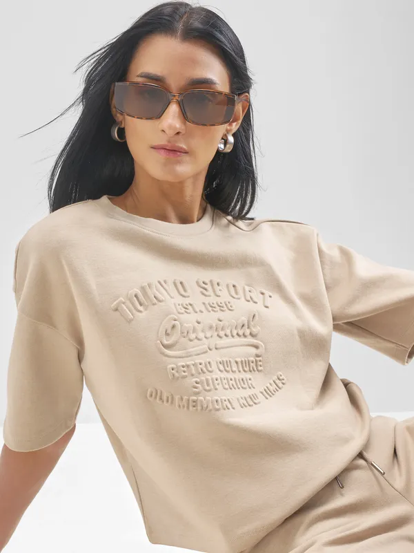 Tokyo Talkies Women Beige Self Design Regular Top