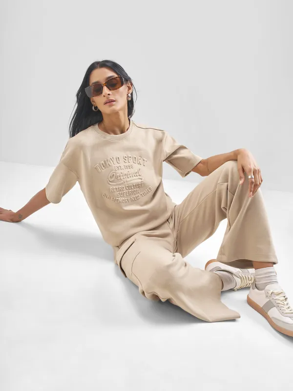 Tokyo Talkies Women Beige Self Design Regular Top