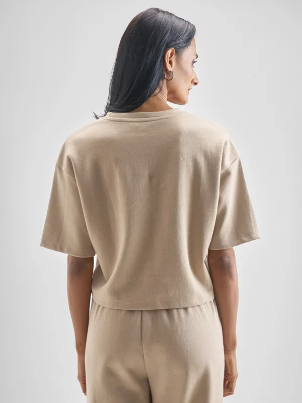 Tokyo Talkies Women Beige Self Design Regular Top