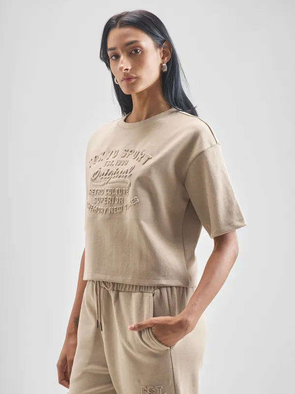 Tokyo Talkies Women Beige Self Design Regular Top