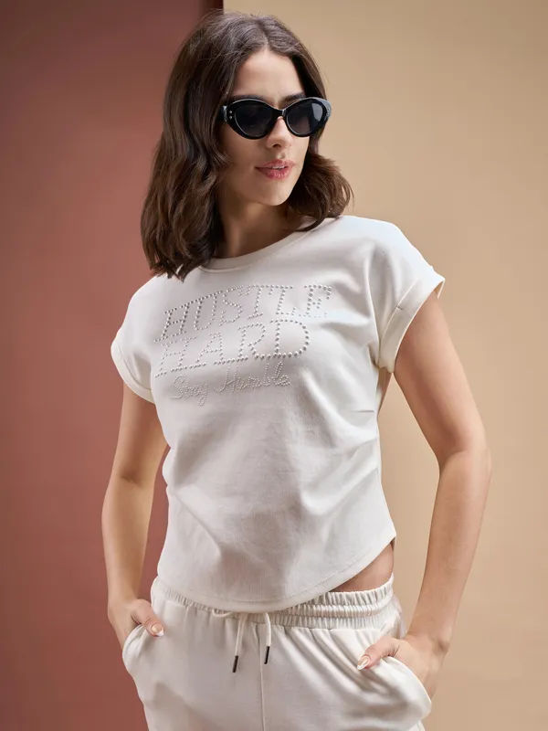 Street By Tokyo Talkies Women Off White Embellished Regular Top