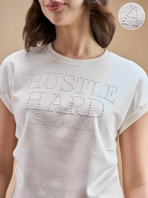 Street By Tokyo Talkies Women Off White Embellished Regular Top