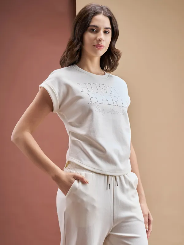 Street By Tokyo Talkies Women Off White Embellished Regular Top