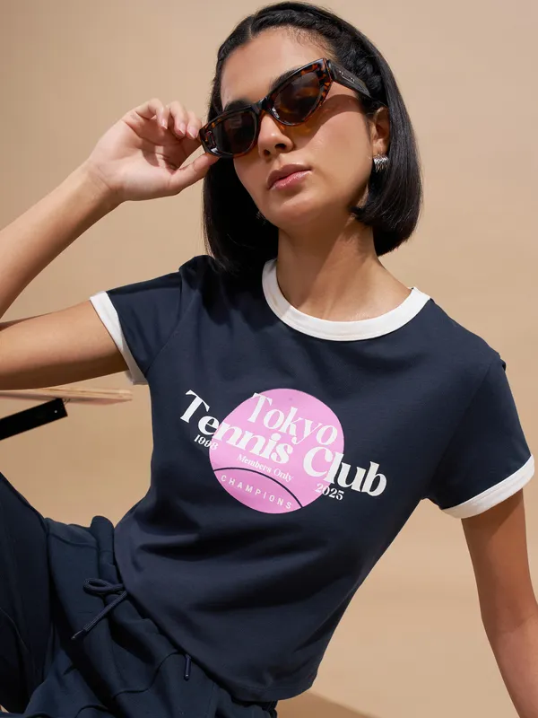 Tokyo Talkies Women Navy Blue Printed Regular Top