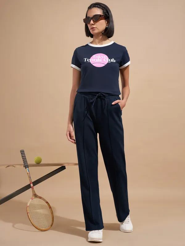 Tokyo Talkies Women Navy Blue Printed Regular Top