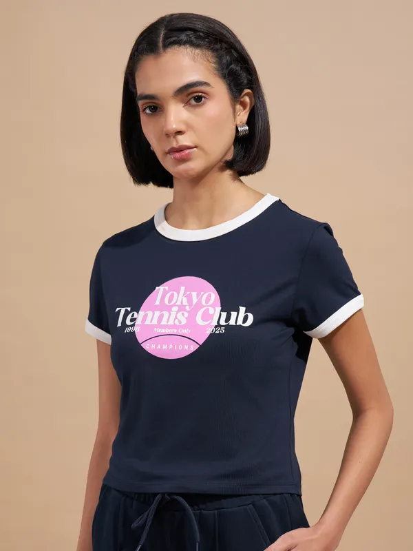 Tokyo Talkies Women Navy Blue Printed Regular Top