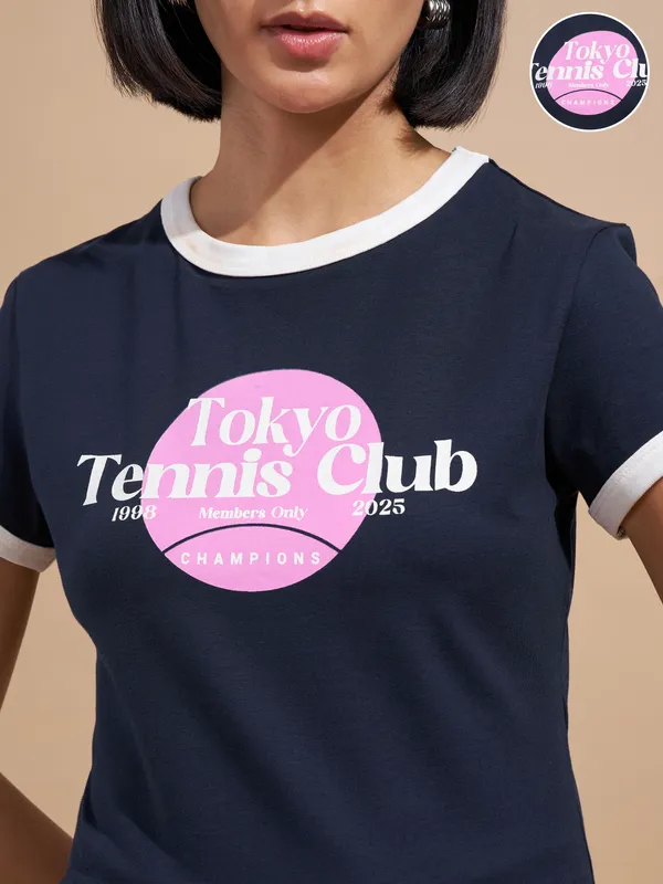 Tokyo Talkies Women Navy Blue Printed Regular Top