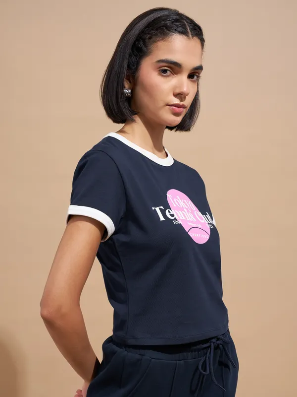 Tokyo Talkies Women Navy Blue Printed Regular Top