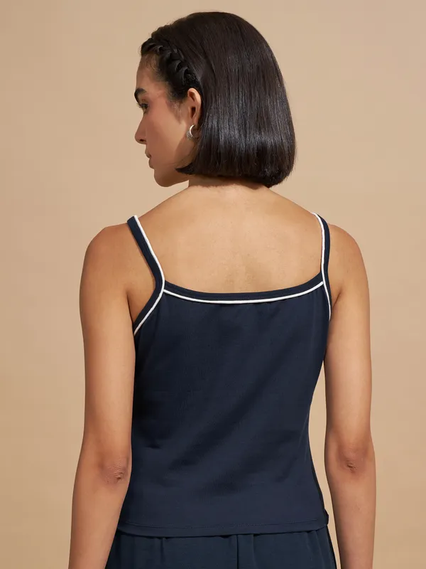 Tokyo Talkies Women Navy Blue Embroidered Regular Top