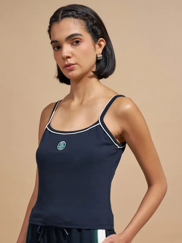 Tokyo Talkies Women Navy Blue Embroidered Regular Top