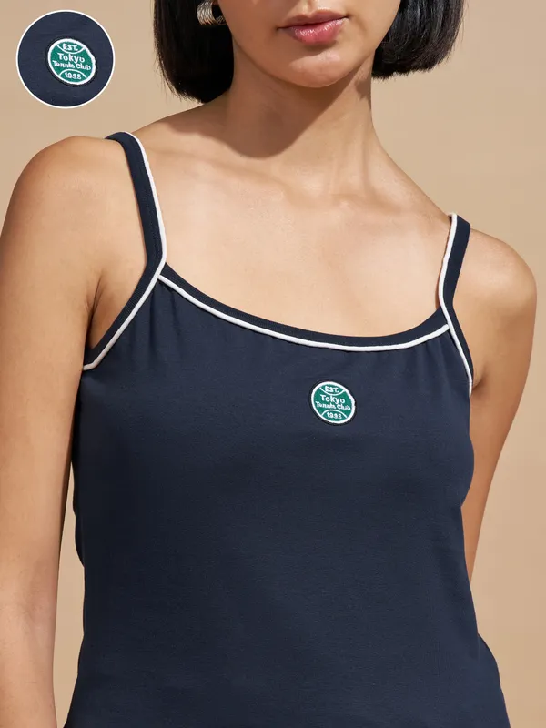 Tokyo Talkies Women Navy Blue Embroidered Regular Top