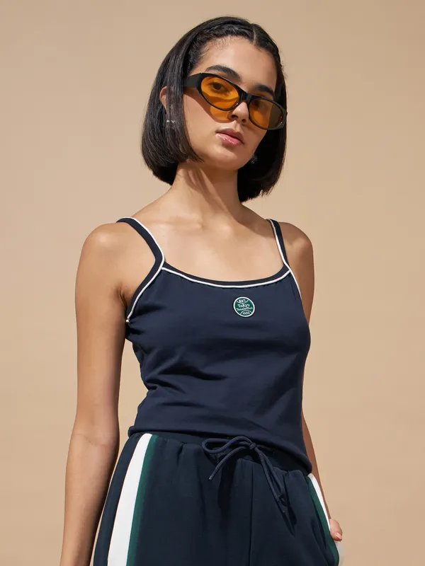 Tokyo Talkies Women Navy Blue Embroidered Regular Top