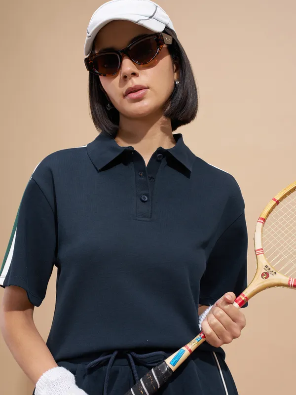 Tokyo Talkies Women Navy Blue Colourblocked Regular Top