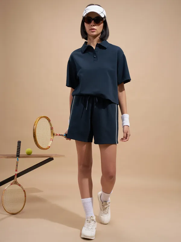 Tokyo Talkies Women Navy Blue Colourblocked Regular Top