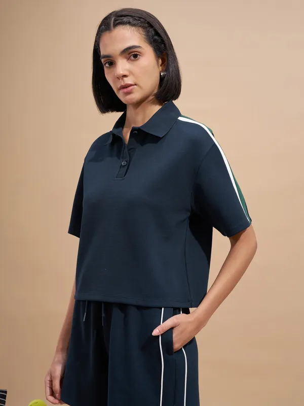 Tokyo Talkies Women Navy Blue Colourblocked Regular Top