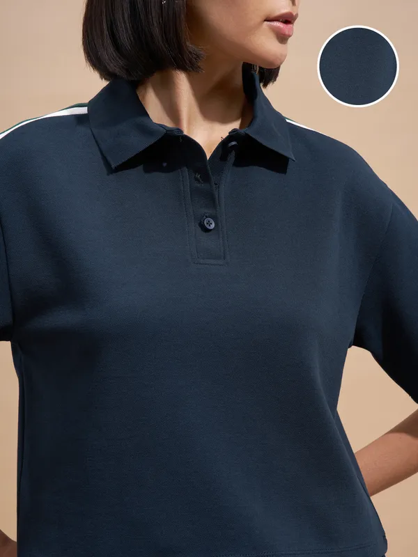 Tokyo Talkies Women Navy Blue Colourblocked Regular Top