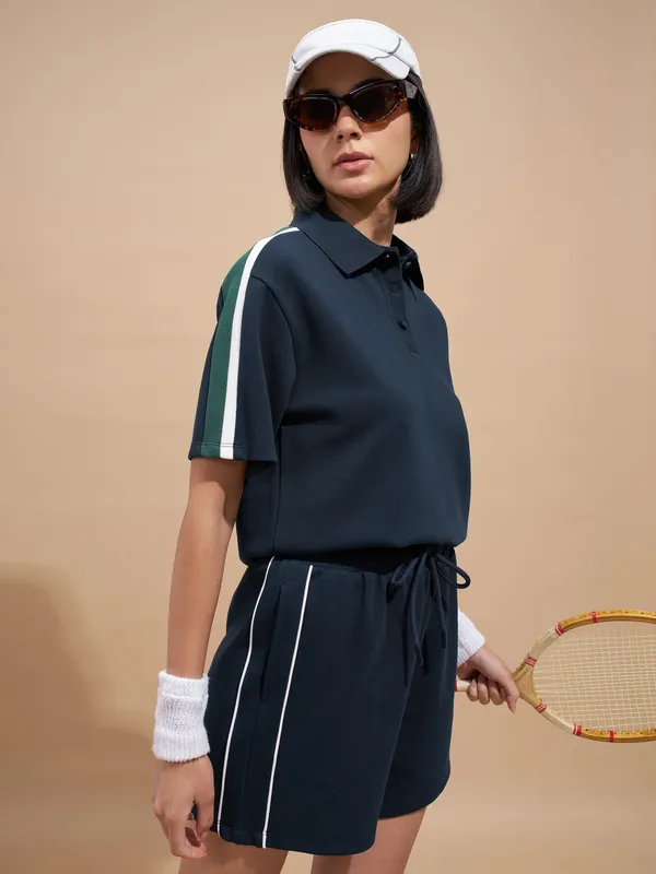 Tokyo Talkies Women Navy Blue Colourblocked Regular Top