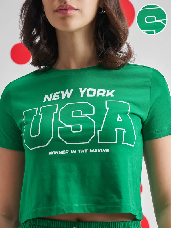 Street By Tokyo Talkies Women Green Printed Round Neck T-Shirt