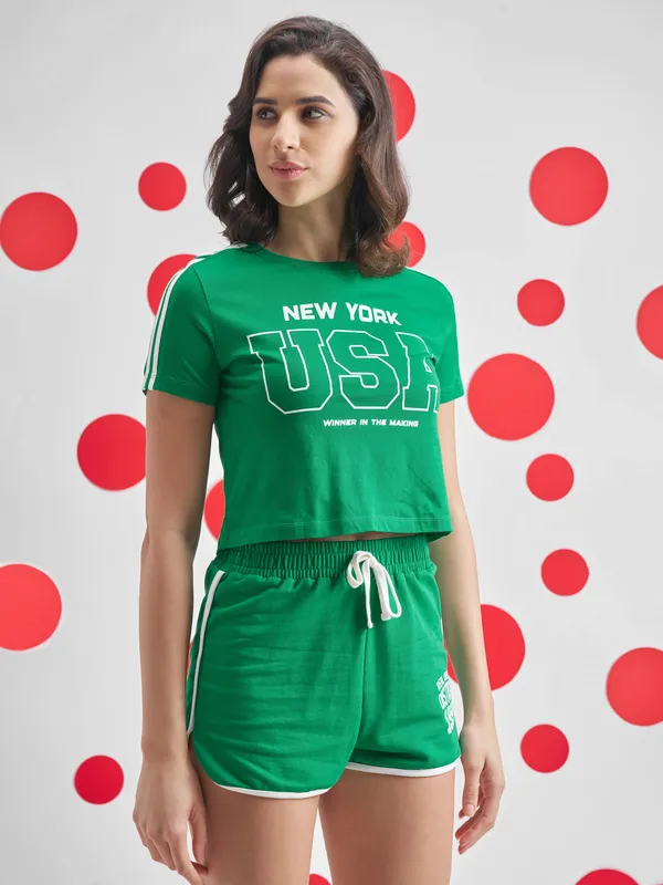 Street By Tokyo Talkies Women Green Printed Round Neck T-Shirt