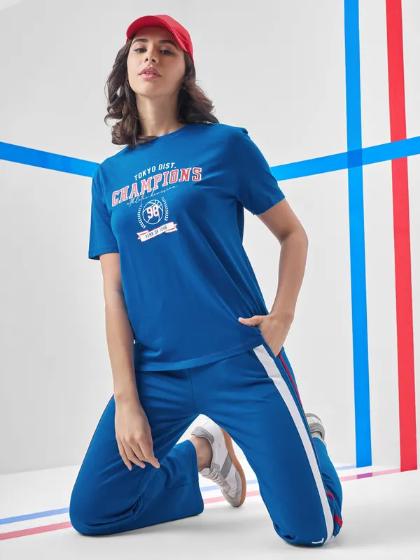 Street By Tokyo Talkies Women Blue Printed Round Neck T-Shirt