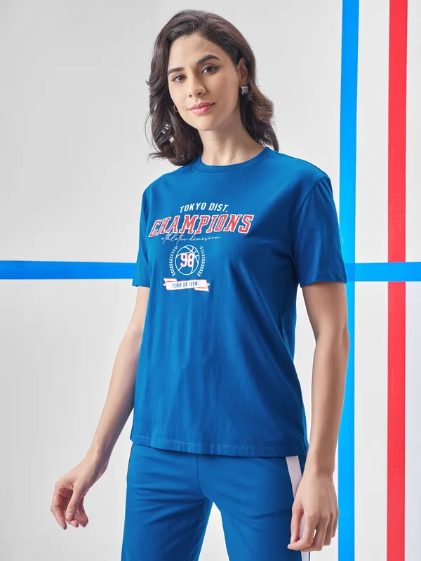 Street By Tokyo Talkies Women Blue Printed Round Neck T-Shirt