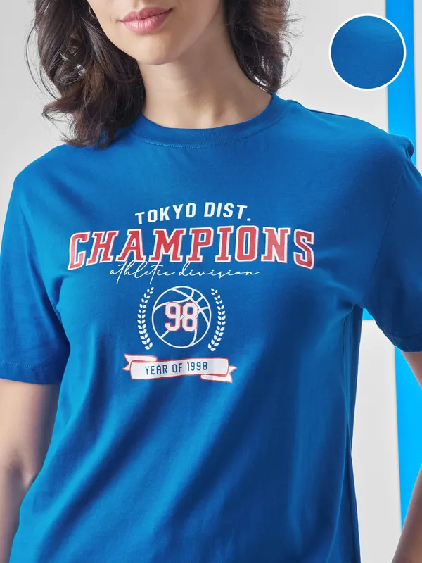 Street By Tokyo Talkies Women Blue Printed Round Neck T-Shirt