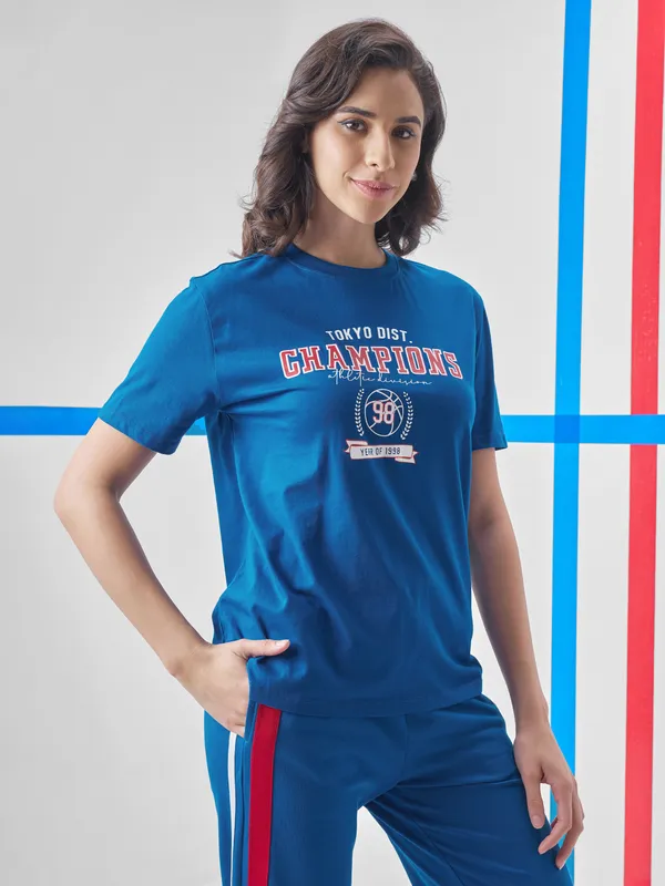 Street By Tokyo Talkies Women Blue Printed Round Neck T-Shirt