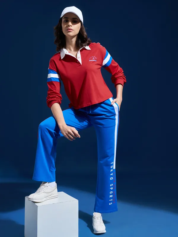 Tokyo Talkies Women Red Printed Polo Collar T-Shirt