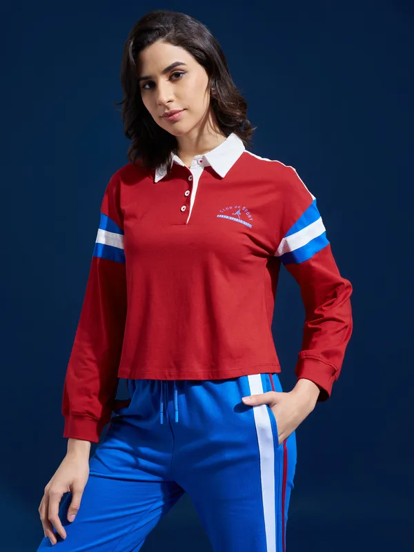 Tokyo Talkies Women Red Printed Polo Collar T-Shirt