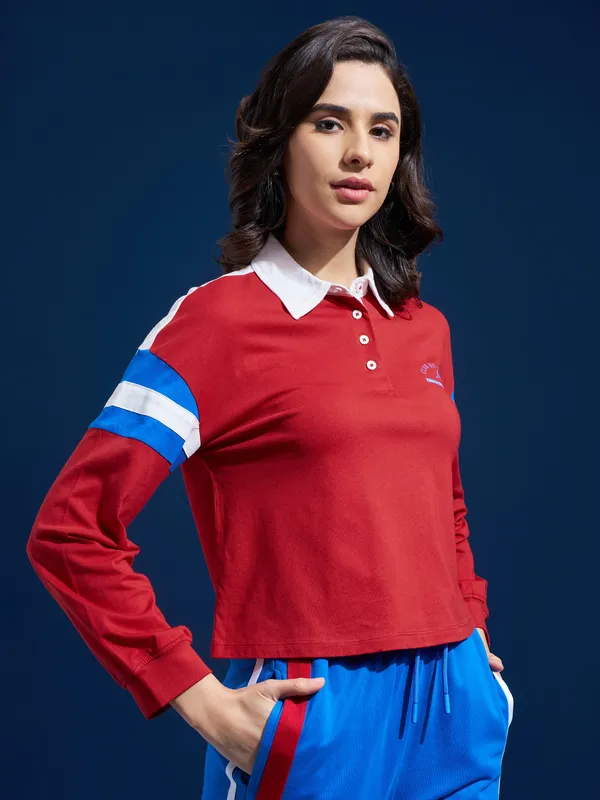 Tokyo Talkies Women Red Printed Polo Collar T-Shirt