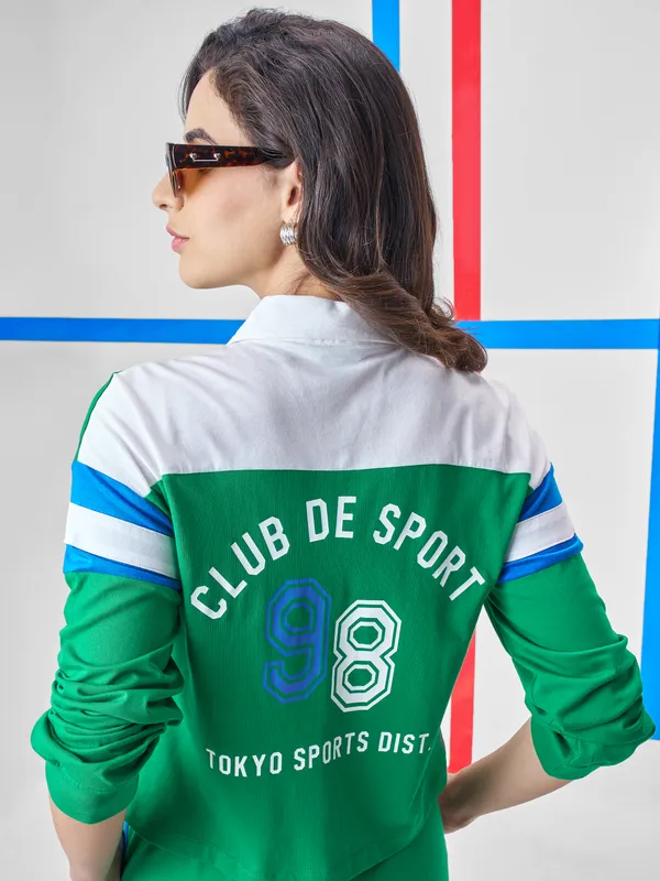 Tokyo Talkies Women Green Printed Polo Collar T-Shirt