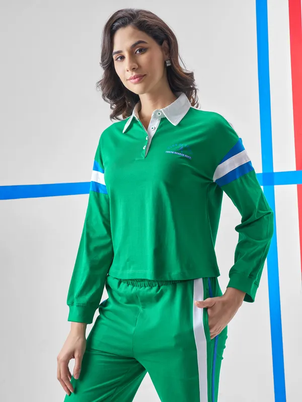 Tokyo Talkies Women Green Printed Polo Collar T-Shirt