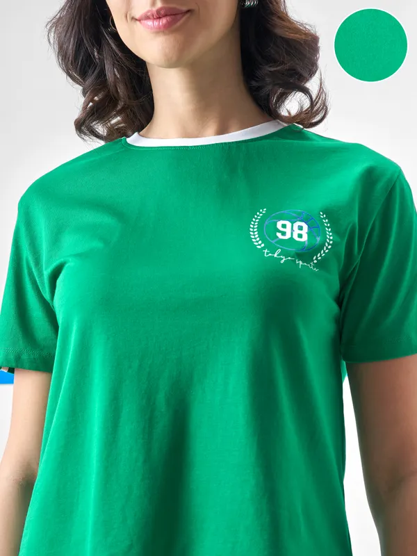 Street By Tokyo Talkies Women Green Printed Round Neck T-Shirt