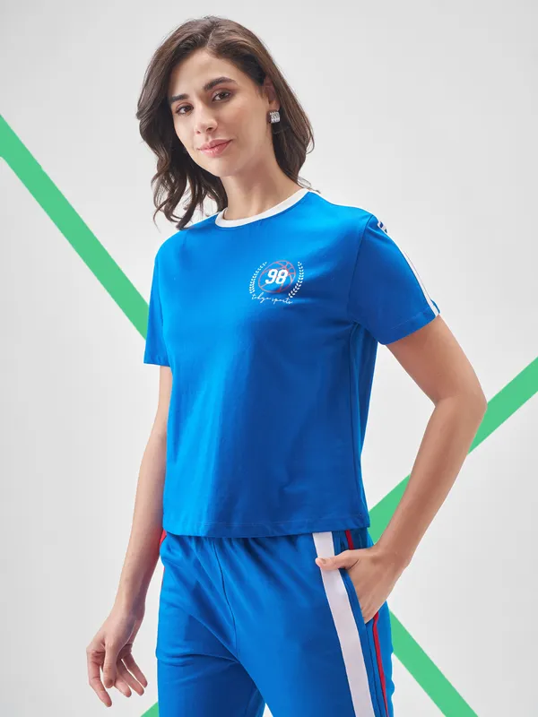 Street By Tokyo Talkies Women Blue Printed Round Neck Oversized Fit T-Shirt