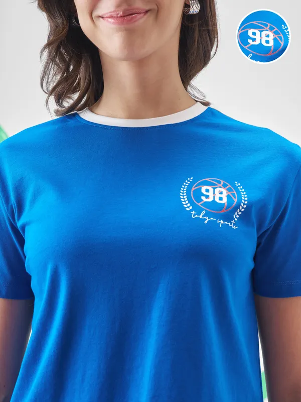 Street By Tokyo Talkies Women Blue Printed Round Neck Oversized Fit T-Shirt