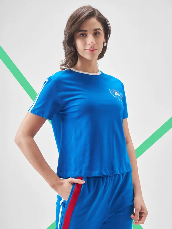 Street By Tokyo Talkies Women Blue Printed Round Neck Oversized Fit T-Shirt