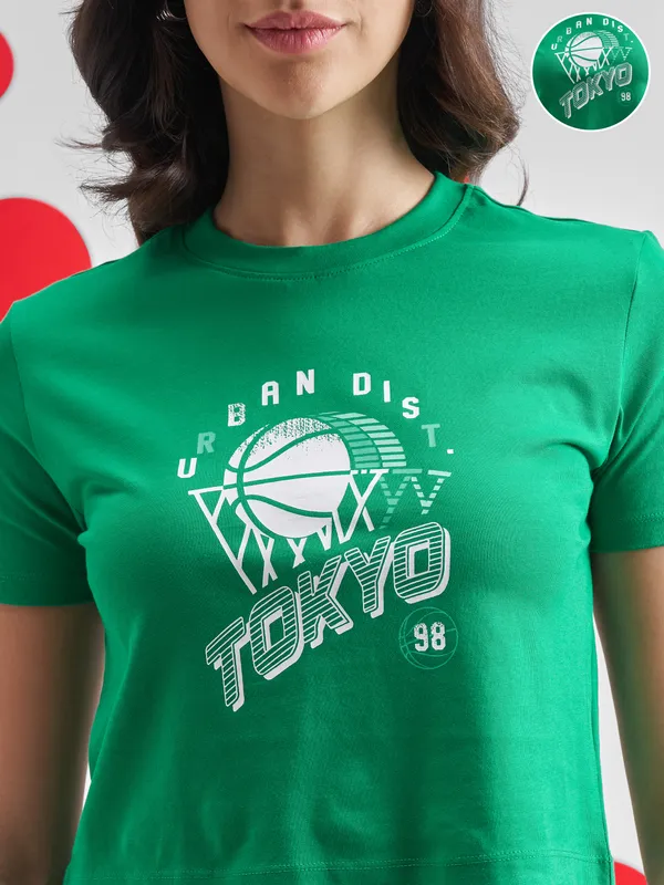 Street By Tokyo Talkies Women Green Printed Round Neck T-Shirt