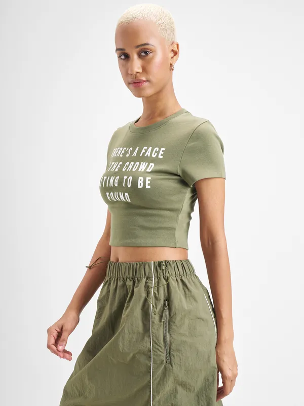 Street By Tokyo Talkies Women Olive Printed Round Neck T-Shirt
