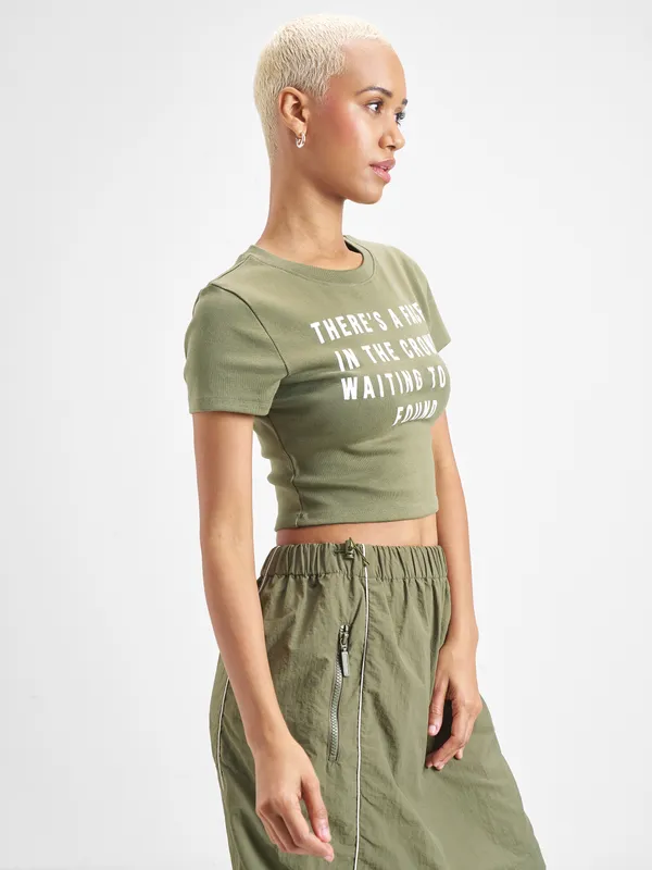 Street By Tokyo Talkies Women Olive Printed Round Neck T-Shirt