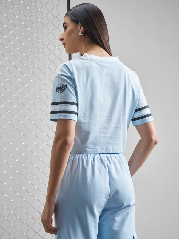 Street By Tokyo Talkies Women Blue Printed V-Neck T-Shirt