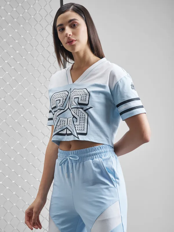 Street By Tokyo Talkies Women Blue Printed V-Neck T-Shirt